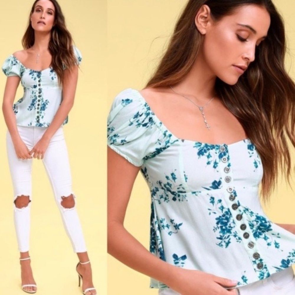 Free People Close To You Mint Blue Floral Print Top Sz XS